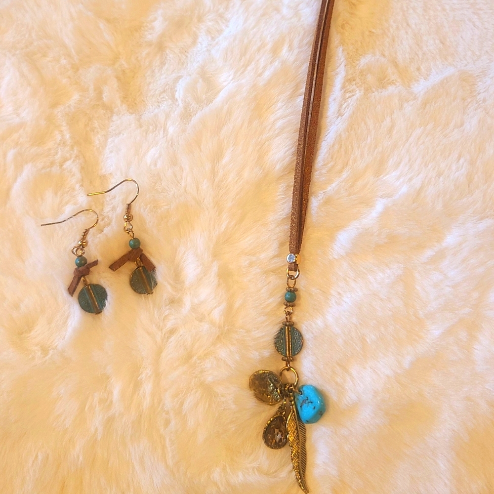 Long Charm Necklace & Earrings Set